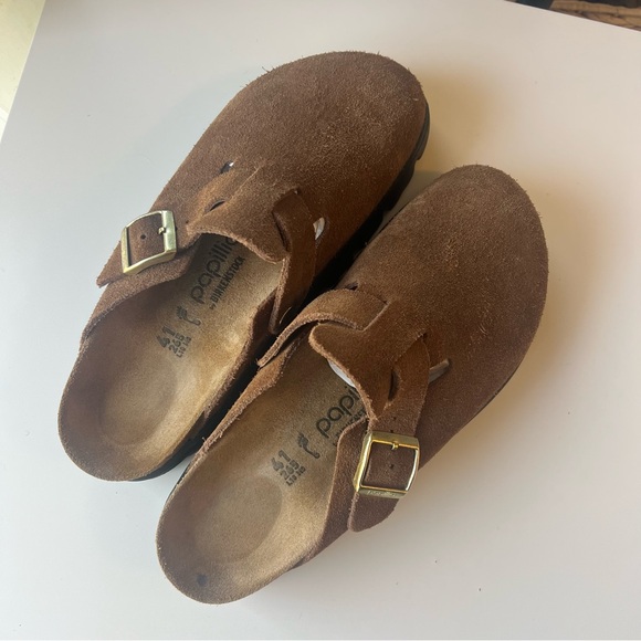 Birkenstock Boston Chunky Sole Dark Tea Suede Leather Brown Clogs 41 Womens 10 - Picture 3 of 12